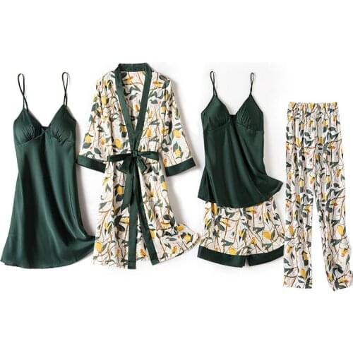 5pcs/Set Sexy V-Neck Silk Pajamas Floral Satin Pajama Set Summer Autumn 2020 Pyjamas Women Satin Sleepwear Lingerie Pijama Mujer