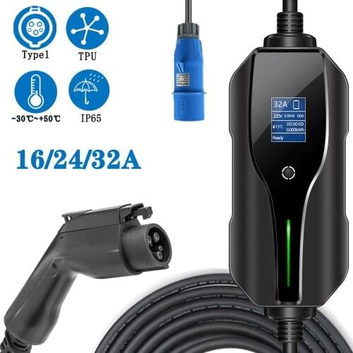 Portable Home Use EV Charger Type 1 with EU wall socket plug 5M EV cable 32A 24A 20A 16A 10A Adjustable J1772 Electrica Car