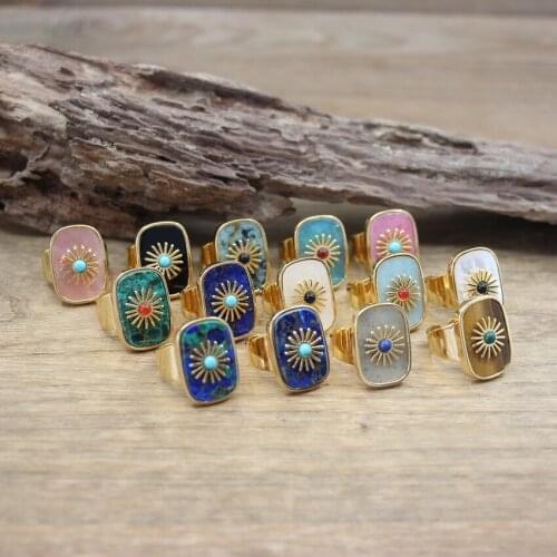 Natural Gems Paved Sunflower Adjustable Rings Lapis Apatite Amazonite Rectangle Stone Ring Women Jewelry Dropshipping,QC4041