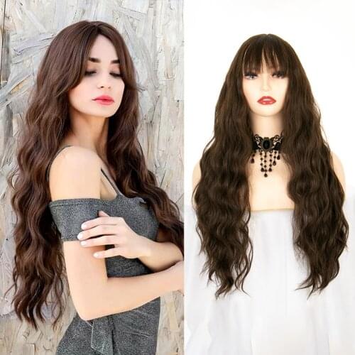 Synthetic Dark Brown Wigs For Women Long Wavy Middle Parting Heat Resistant Fiber Hair Natural Looking 26 Inch Cosplay Daily Use