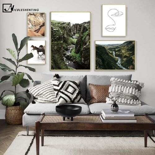Scandinavian Canvas Poster Print Horse River Hill Nature Wall Art Picture Landscape Painting Nordic Style Living Room Decoration