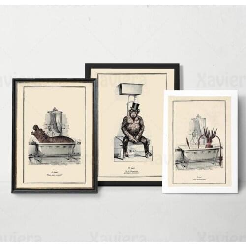 Vintage Funny Canvas Painting Bathroom Animal Chimp Hippo Squid Bath Poster and Print Retro Home Decor Toilet Wall Art Unframed