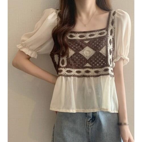 Hollow Embroidery Puff Sleeve Square Collar Tops Women Casual T-shirts Vintage Short Sleeve Blouses Tops