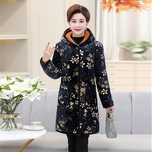 2021 Women Winter Fashion Middle-aged Padded Jackets Female Long Hooded Parkas Ladies Plus Velvet Warm Printed Overcoats U485
