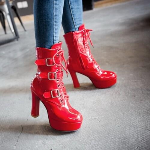 YMECHIC 2018 Pu Patent Leather Buckle Strap Lace Up High Heel Motorcycle Boots Women Winter Platform Ladies Goth Shoes Plus Size