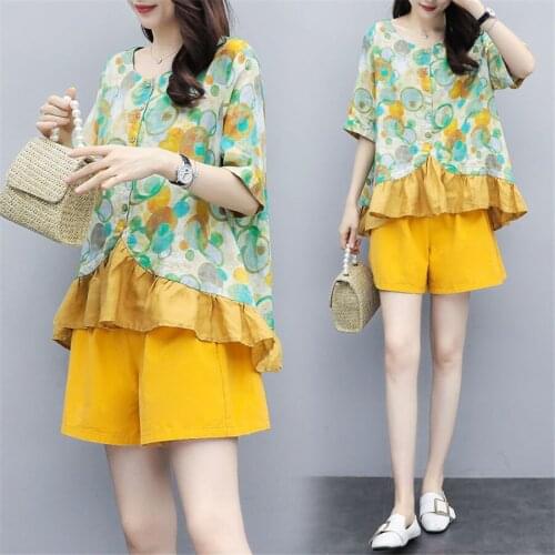 2021New Summer Women Plus Size 4xl short sleeve Blouse Tops + Shorts 2 Pieces Set Female Clothes Suit