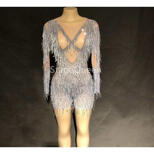 Women Sexy Net Yarn Bodysuit Silver Tassel Sparkling Crystals DJDS Jumpsuit Nightclub Birthday Party Wear Dancer Singer Costumes