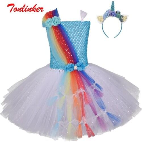 Girls Halloween Sequins Rainbow Costume Kids Christmas Festival Flowers Tutu Party Dresses Children Princess Cosplay Dressing Up