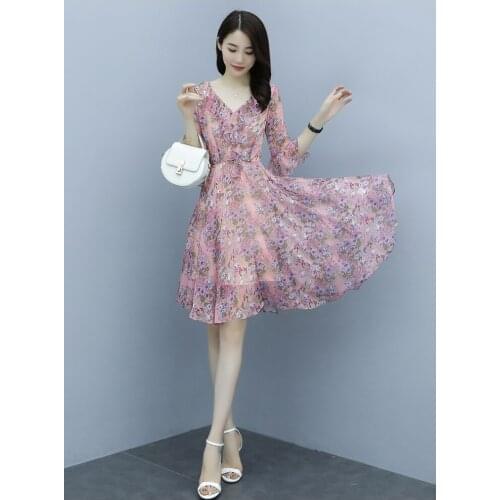 2021 sweet Korean version New summer Floral Print Women Dress Female Pleated Dress Summer Party Chiffon summer dress