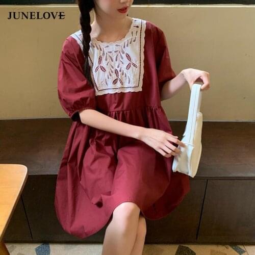 JuneLove Women Summer O-neck Puff Sleeve A-line Loose Cute Dress Korean Holiday Lace Beach Vestido Female Kawaii Party Dresses