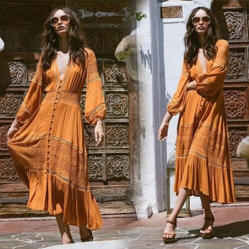 DUISNENA long yellow dress Sexy V-neck long sleeve dress with lace skirt small Hollow out women dresses robe vestidos