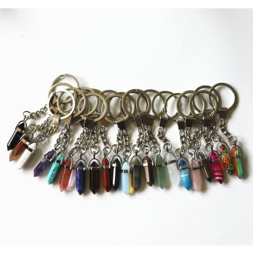 10Pcs Natural Stone Keychain Pink Opal Crystal Colorful Key Chains Rings Fashion Jewely Accessories