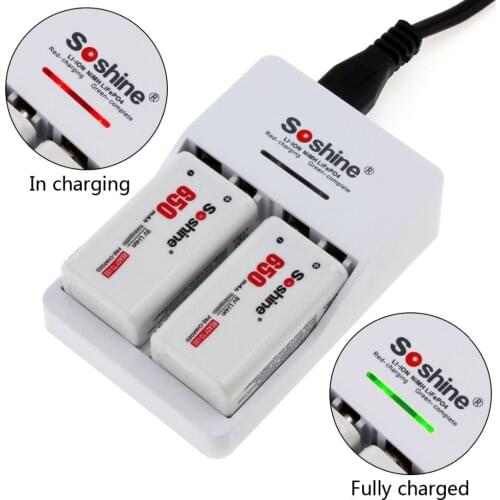 2pcs/set Soshine 9V 6F22 650mAh Li-ion Rechargeable Battery + 9V Smart Charger with LED Indicator