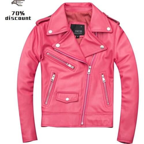 2020 Pink Women Slim Fit Bikers Leather Jacket Plus Size XXXL Genuine Sheepskin Spring Girls Short Motorcycle Leather Coat