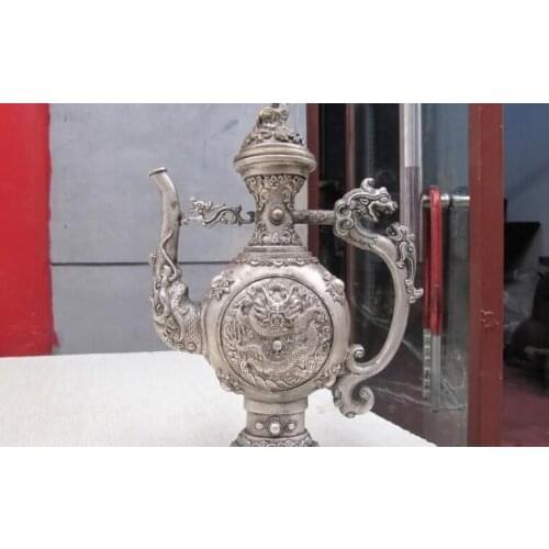 9 INCH Tibet Buddhism Bronze silver-gilt Dragon Wine flagon stoup Pot