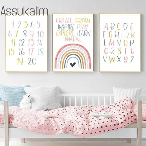 ABC Alphabet Poster Nursery Wall Art Print Rainbow Canvas Painting Nordic Poster Cute Kids Wall Pictures For Baby Room Decor