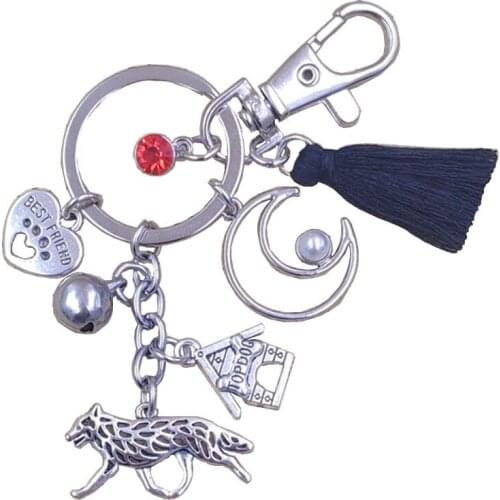 Australian Cattle Dog Animal Moon Keychain Key Ring Pet Tassels Antique Silver Plated Women Men Drop Shipping K150+ K197