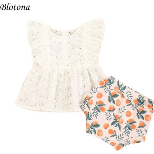 Blotona Baby Girls Summer 2Pcs Clothes Set, Solid Color Fly Sleeves Round Collar Hollow Out Flower Tops +Print Shorts 0-3Years