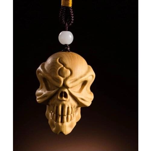 Wooden Skull Chinese Style Boxwood Carving New Blazing Skull Wood Statue Pendant