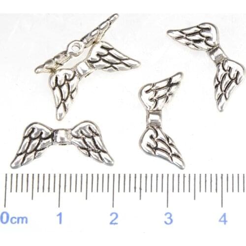 DIY Angel Wings Spacer Beads Charms Bracelets Dangle Suspension Feather Double Silver Tone Metal Jewelry Findings 8*18*2mm 70pcs
