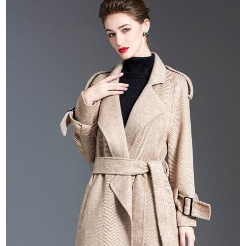 Long Herringbone Cashmere Coat Womens Long Winter 2020 New Loose High End Handmade Lacing Belt Double Sided Wool Coat Jacket