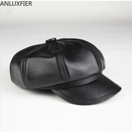 H6981 Genuine Leather Black Visor Hat Female Sheepskin Casual Cap Autumn Winter Leisure Korean Painter Hats Women Fashion Caps