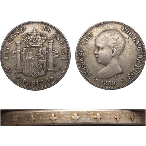 Spain 1889 MP M Coin 5 Pesetas - Alfonso XIII 1St Portrait Metal Cupronickel Plated Silver Copy Collectible Souvenir Coins