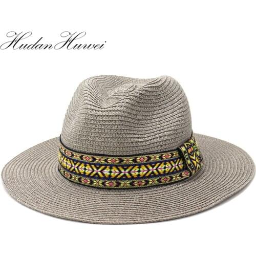 2020 Hot Sell Outdoor Beach Sun Visor Hat Women Men Jazz Panama Staw Hat Solid Adult Wide Brim Belt Caps