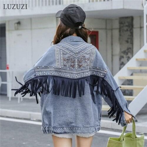 LUZUZI Spring Autumn 2021 Tassel Embroidered Denim Jacket Women Loose Korean Fashion BF Ins Jeans Jacket Oversized Coat Outwear