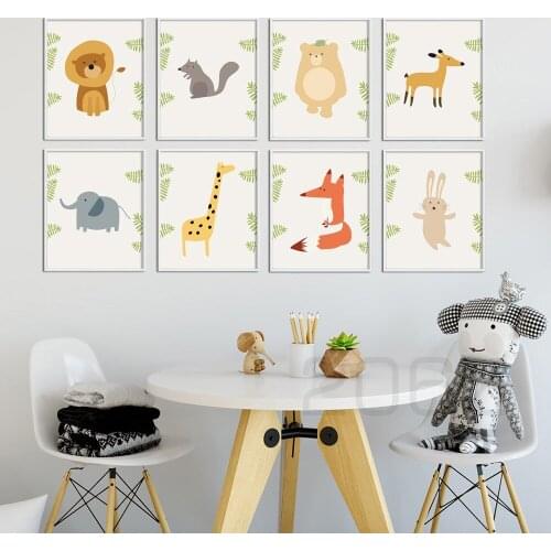 Cartoon Lion Giraffe Squirrel Rabbit Fox Nordic Posters And Prints Wall Art Canvas Painting Animal Wall Pictures Kids Room Decor