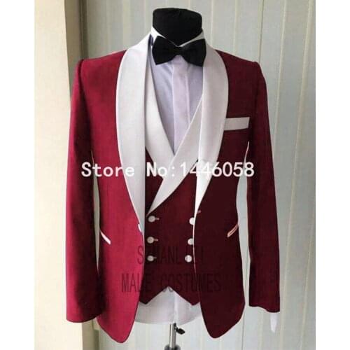 Men Wedding Suits 2018 Custom Made Real Burgundy Groomsmen White Shawl Lapel Groom Suit Mens Tuxedo Wedding/Prom Suits 3 Pieces