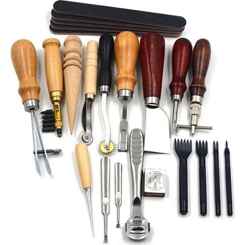 18PCS Leather Craft Tools Kit Stitching Sewing Carving Work Punch Saddle Leathercraft Accessories for DIY Hand Leather Working