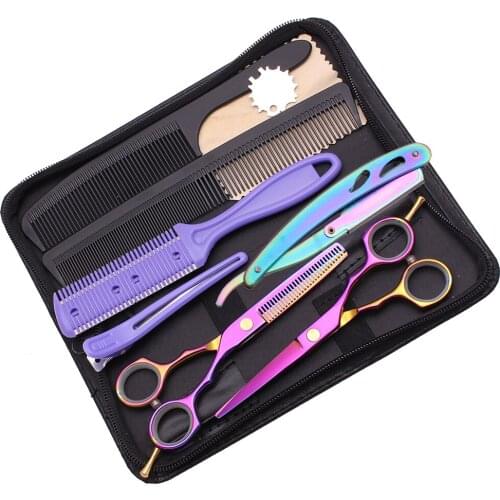 Hairdressing Scissors Set 5.5" Stainless Engraving Logo Barber Cutting Shears Thinning Shears Hair Scissors Purple Color C1104