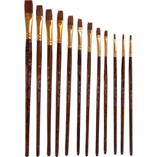 Nylon hair gouache pen flat head round head 12 pcs wooden Grain rod grain poles high-quality watercolor brush Suite painting