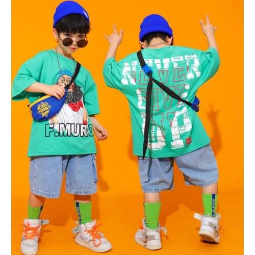 Boys Hip Hop Clothes Oversized Short Sleeve Tops T Shirt Jeans Shorts Children Kids Modern Jazz Street Dance Clothing Wear