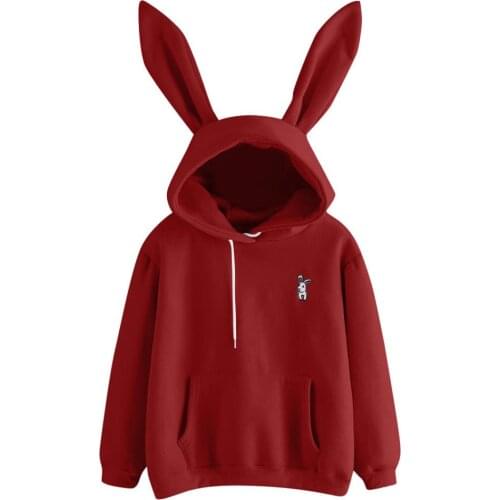 2020 Autumn Winter Women Hoodies Kawaii Rabbit Ears Fashion Fleece Hoody Casual Solid Color Warm Sweatshirt