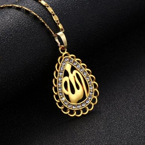 Classic Arabic Islamic Religious Women God Allah Gold-color Rhinestone Pendant Necklace Jewelry Muslim Ramadan Gift wholesale