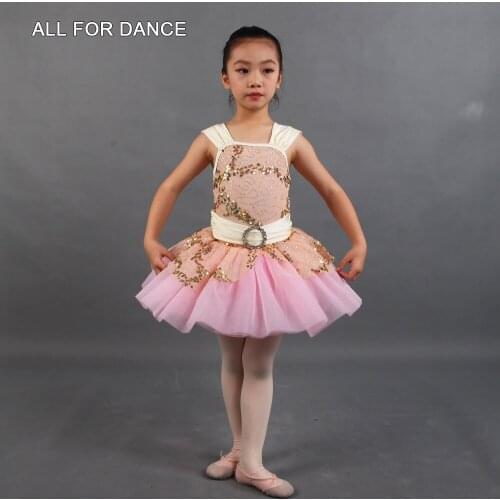 Ivory Sequin Net With Pink Spandex Top Ballet Dance Skirt For Little Ballet Girl Stage Performance Dance Dress 20129