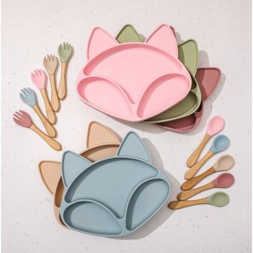 Lets Make Baby Silicone Plate Toddler Bowl Spoon Cartoon Fox Silica Gel Plate Childrens Dinner Plate Food Grade Silicone Dishe