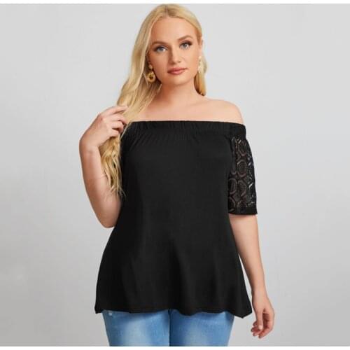 Slash Neck One Shoulder Women Tops 2XL To 7XL Plus Size Shirts Lace Short Sleeve Casual Shirts Blusas Mujer T2492