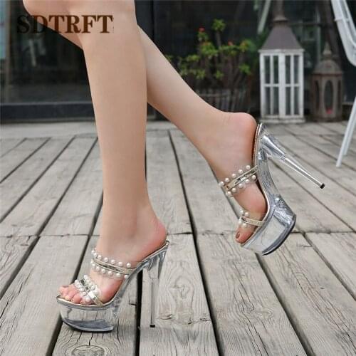 SDTFET Summer shoes moman Slipper Transparent PVC zapatos mujer Platform Crossdresser 15cm Thin Heels Sandals Pearl Party Pumps