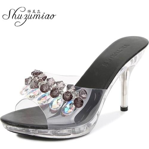Thin Bottom Non-slip Crystal Shoes 9 cm High Heel Women Slippers Thin Heel Sandals Beaded Rhinestone Black White Womans Shoes