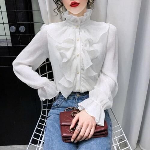#1975 Black Biege White Chiffon Shirts For Women Ruffles Collar Thin Loose Sexy Perspective Office Shirt Women Flare Long Sleeve