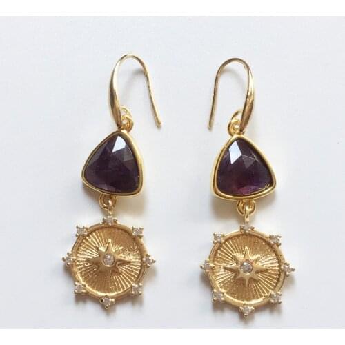 FUWO Natural Purple Crytstal Quartz Earrings With Gold Constellation Cubic Zircon Charm Adorn For Women Gifts Jewelry ER050