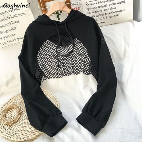Women with Hat Hoodies Long Sleeve Hooded Crop Top Hollow Out Black Patchwork Loose Designed Korean Style Fashion All-match Mesh