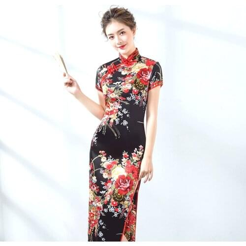 Sheng Coco Flower Cheongsam Silk Dresses Lady Elegant Stylish Qipao Black Flower Traditional Oriental Dress With Split XXXL