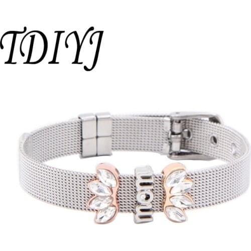TDIYJ Family Newest Collection Stainless Steel Mesh Bracelet with Flower MOM Keeper Charms as a Gift for MOM 1Set