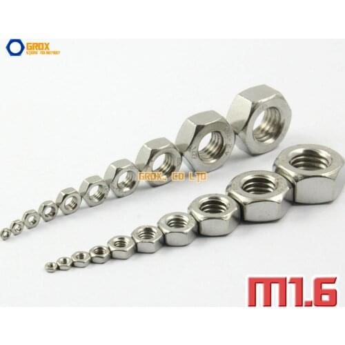 100 Pieces M1.6 304 Stainless Steel Metric Thread Hexagon Full Nuts DIN 934