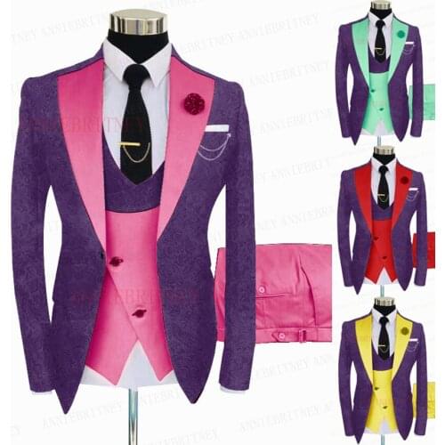 2021 Newest Jacquard Purple Suit Men 3 Pieces Formal Slim Fit Blazer Groom Wedding Tuxedo Jacket Double Breasted Pink Vest Pants