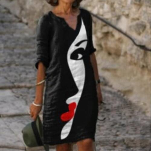 Women 2021 Summer New Casual Dresses Vintage Abstract Face Head Print V-neck Dress Fashion Plus Size Half Sleeve Dress